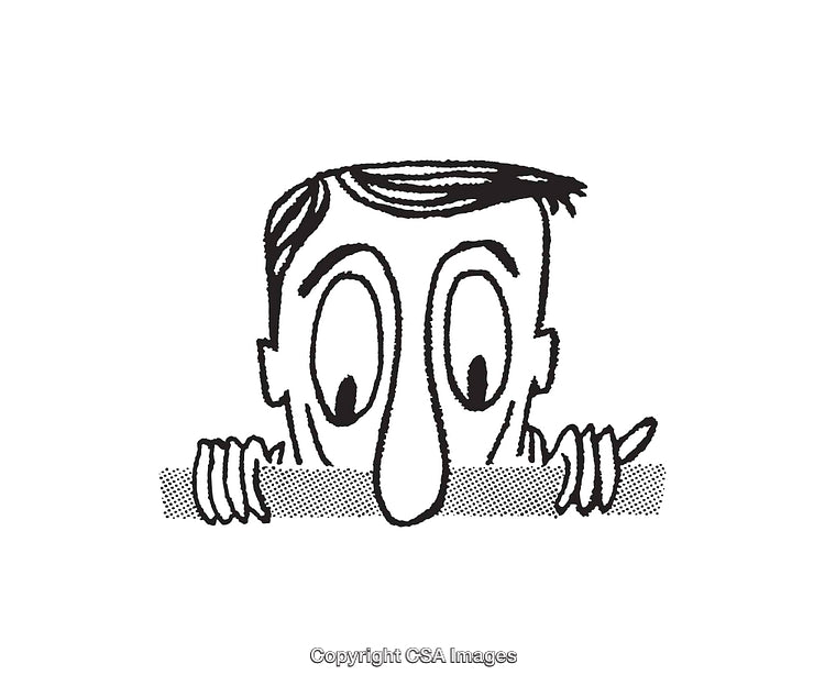 Curious Cartoon Character Peeking Over a Fence in Black and White Artwork