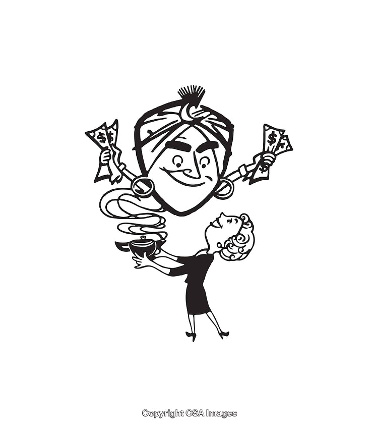 Retro Illustration of a Genie Offering Money to a Happy Woman