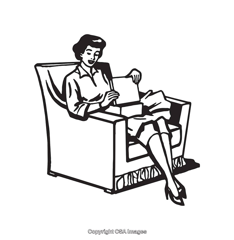 Black and White Illustration of a Woman Sitting Comfortably Reading a Document