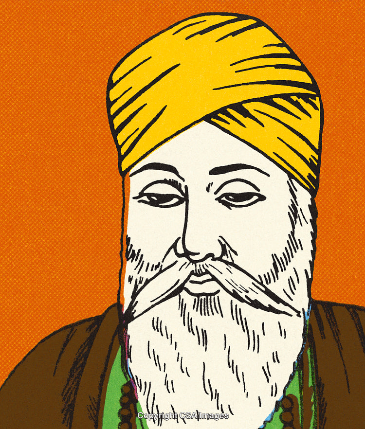 Illustrated Portrait of Religious Leader Wearing Yellow Turban on Orange Background