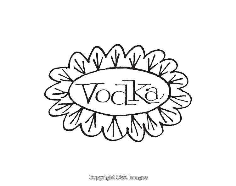 Black and White Floral-Themed Vodka Label Line Art Illustration