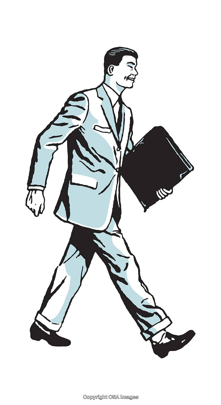 Stylish Businessman Walking Confidently Holding a Briefcase in Retro Illustration Style