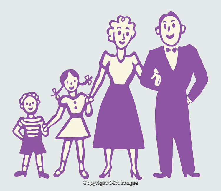 Colorful Line Art Illustration of a Happy Family of Four Standing Together