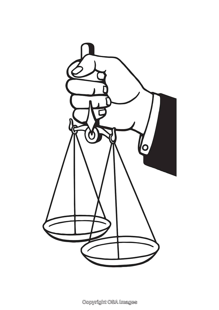 Black and White Illustration of a Hand Holding Scales of Justice