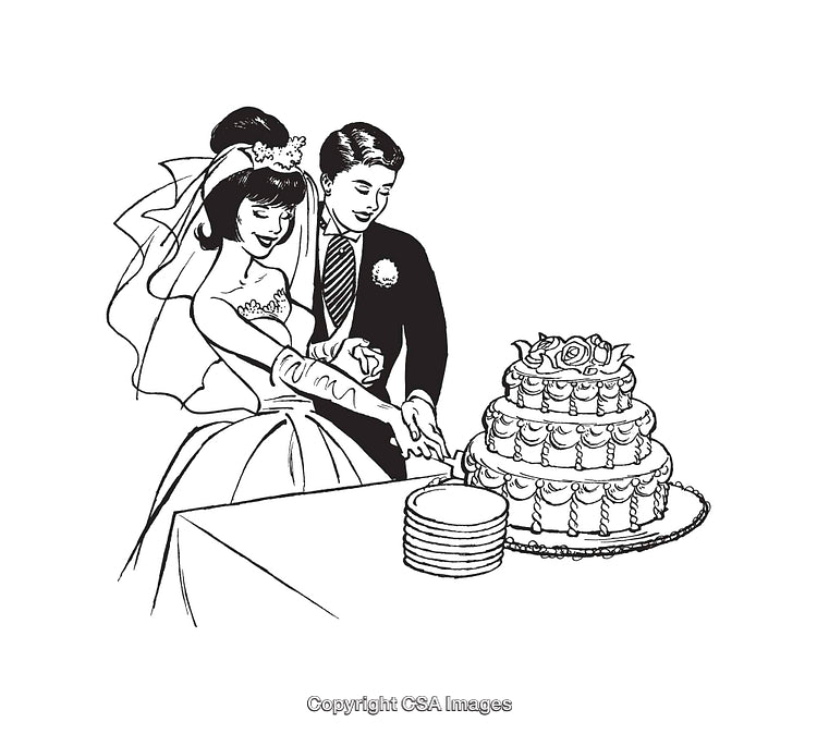 Bride and Groom Cutting Wedding Cake in Black and White Line Art