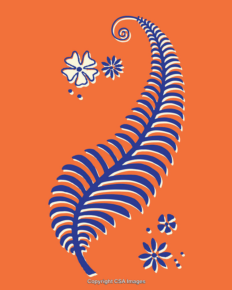 Abstract Blue Leaf and Floral Illustration on Orange Background