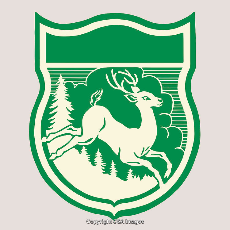 Classic Outdoor Emblem Featuring a Running Deer with Forest Elements