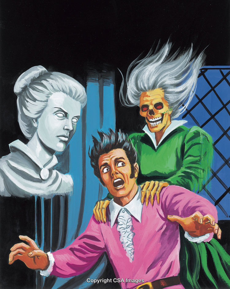 Terrified Man Confronting Ghostly Apparition in Haunted House Setting