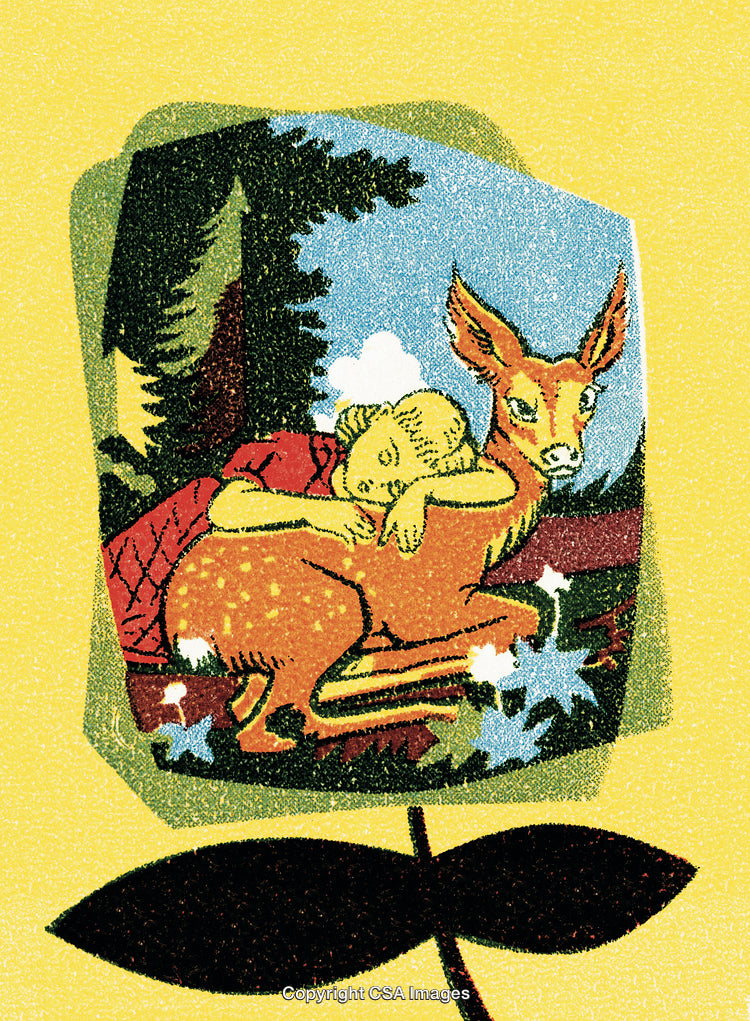 Illustration of a Fawn and Child in a Vibrant Forest Setting