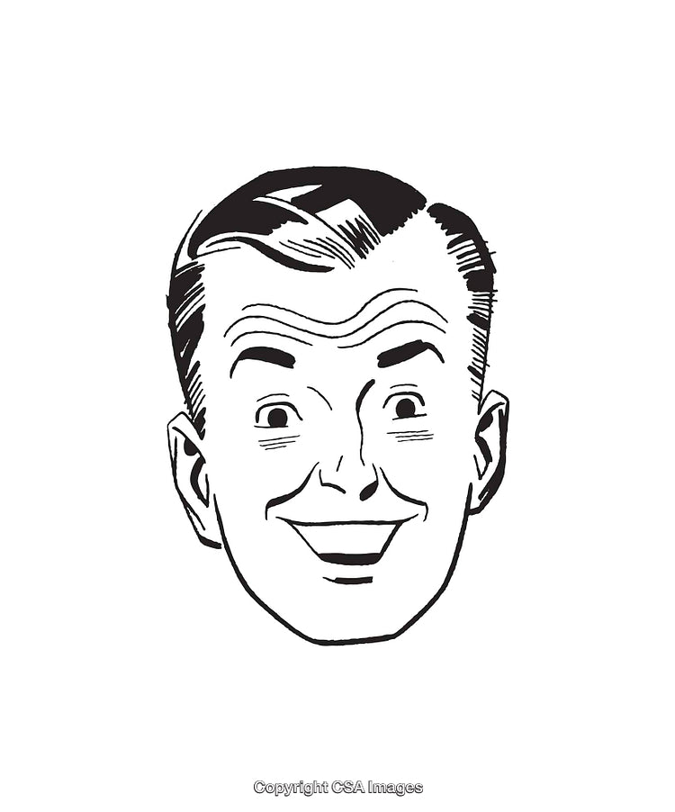 Retro Black and White Line Art of a Smiling Male Face