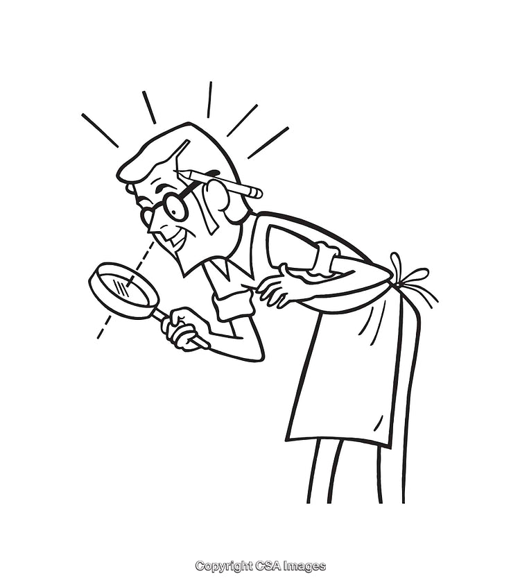 Illustration of Elderly Woman Inspecting Object with Magnifying Glass