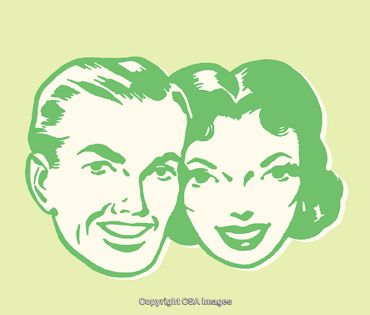 Retro Style Line Art of Smiling Man and Woman on Light Green Background