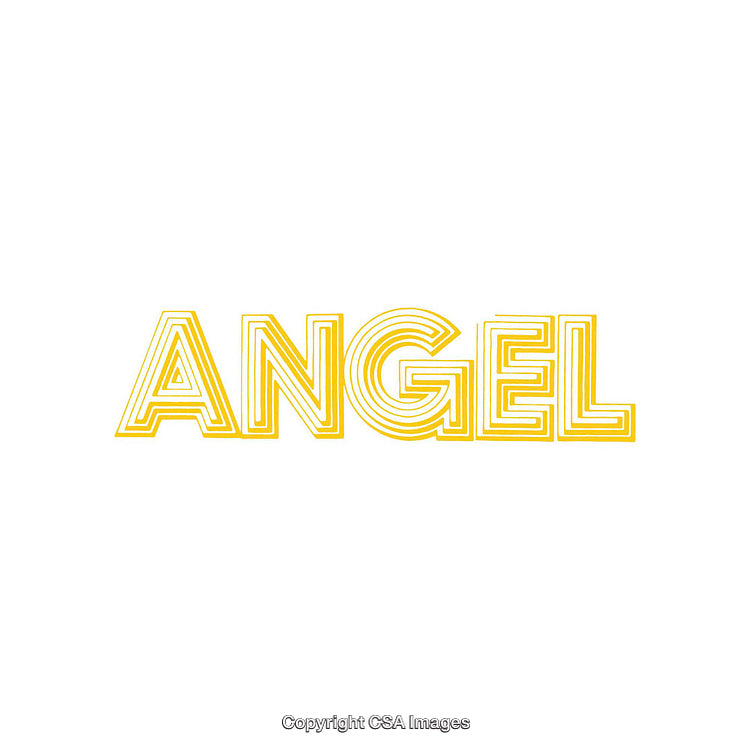 Yellow Geometric Typography Spelling the Word "Angel" Against White Background