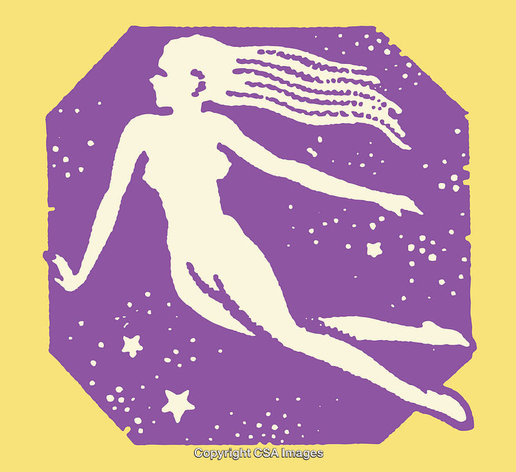 Stylized Illustration of a Celestial Female Figure in Abstract Space