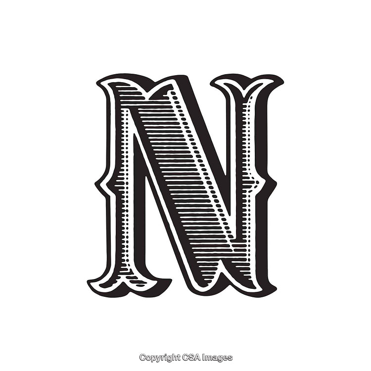 Vintage Style Letter N Illustration with Typographic Details and Texture