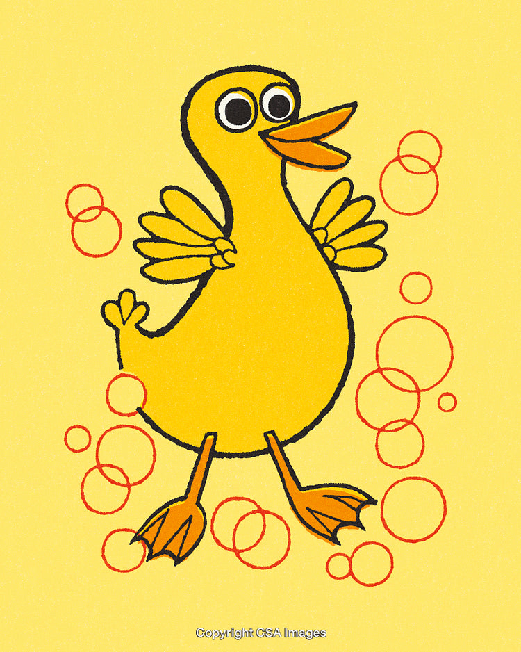 Bright Yellow Cartoon Duck With Floating Bubbles on Yellow Background