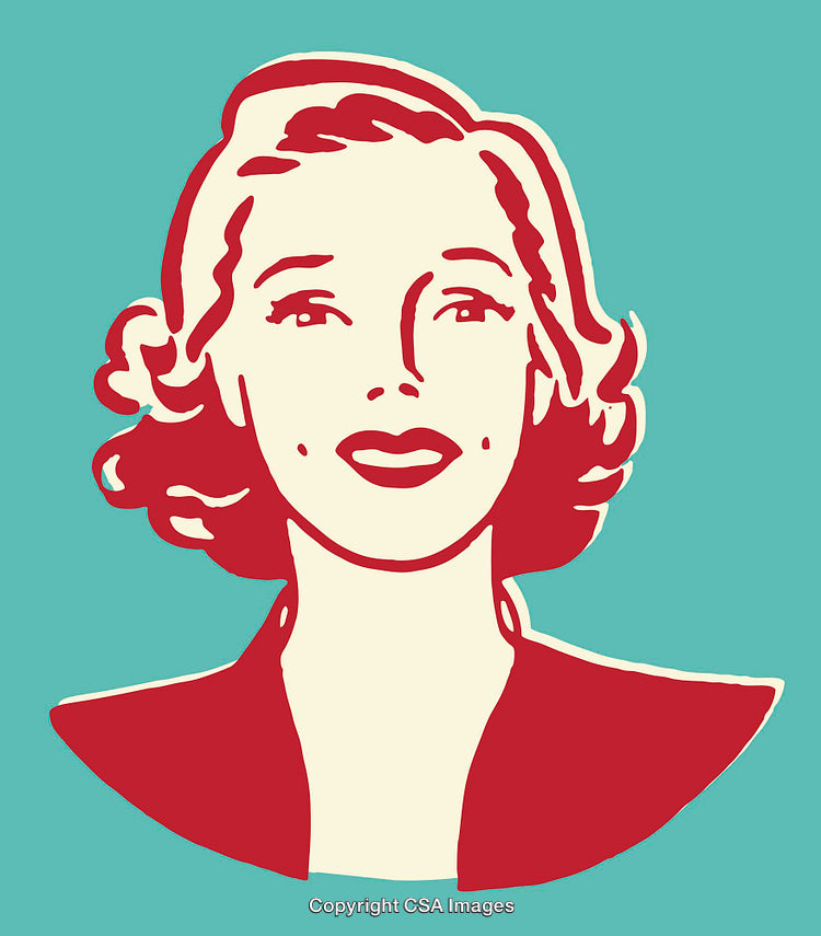 Vintage-Style Illustration of Smiling Woman in Bold Color Block Art