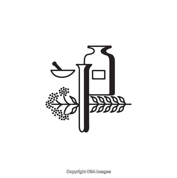 Black and White Line Art Illustrating Pharmacy and Nature Elements