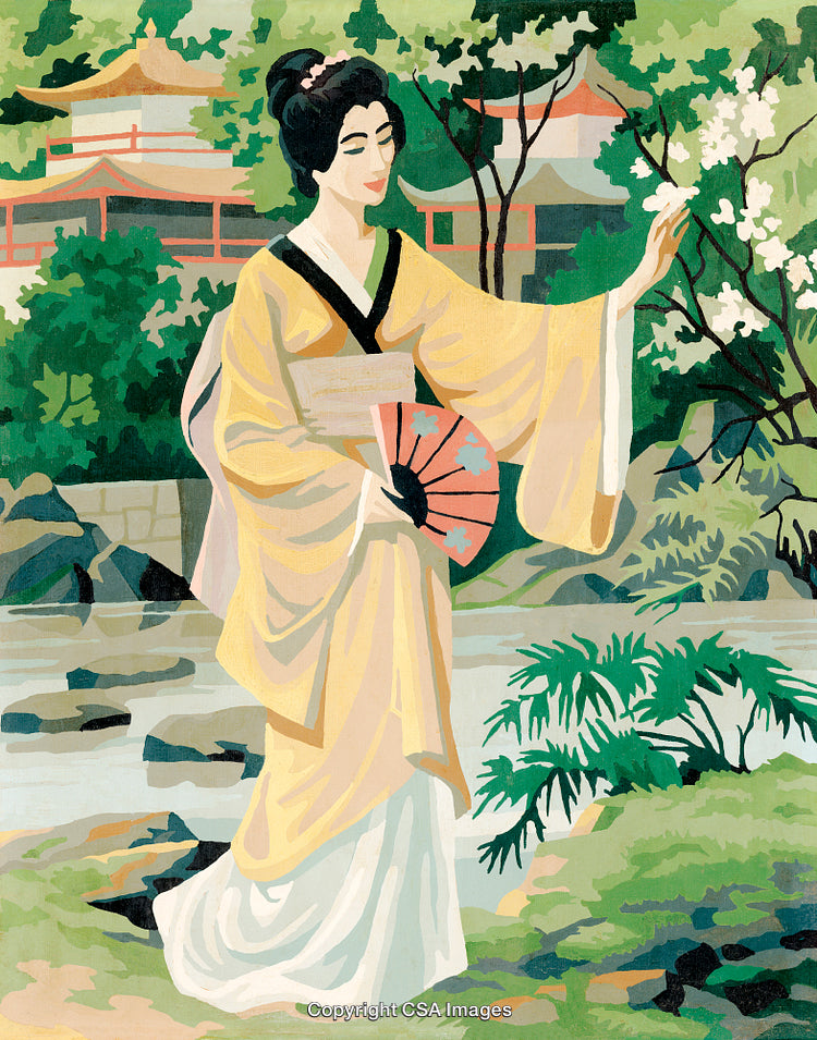 Elegant Woman in a Traditional Garden Holding a Colorful Fan