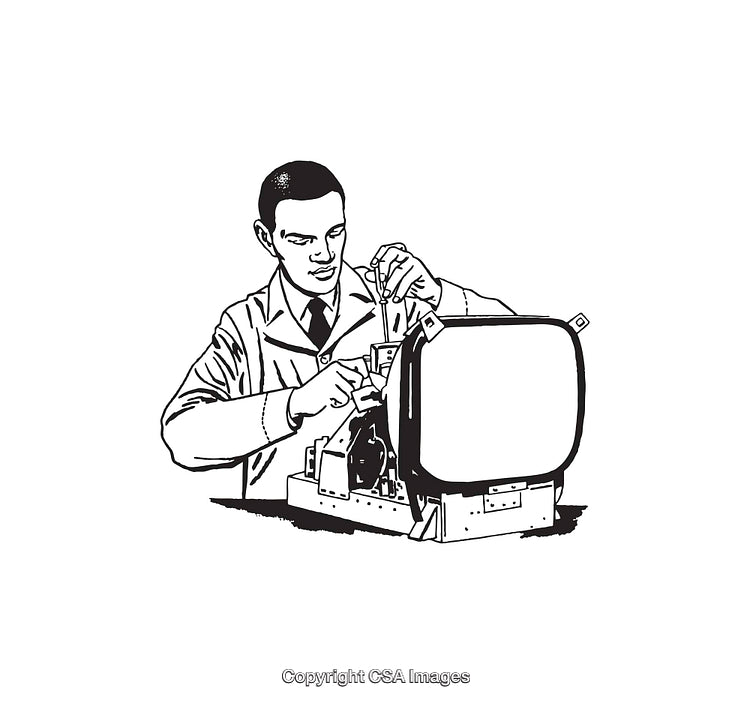 Technician Repairing Television Illustrated in Black and White Line Art Style