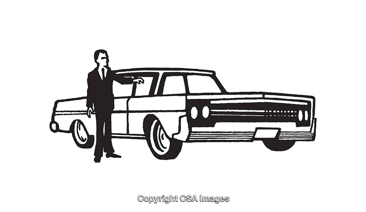 Black and White Line Art of a Person with Classic Car