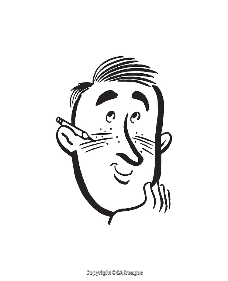 Black and White Line Art of a Smiling Character with Pencil