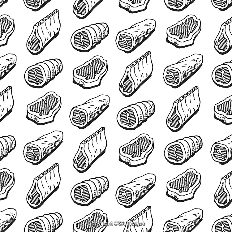 Black and White Pattern Featuring Various Meat Cuts in a Vintage Style