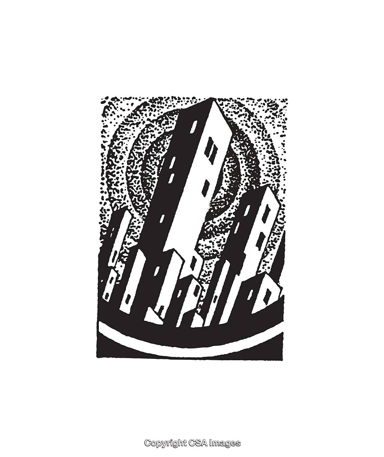 Abstract Line Art of Skyscrapers Against a Starry Circular Background