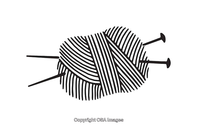 Black and White Line Art Illustration of Yarn and Knitting Needles