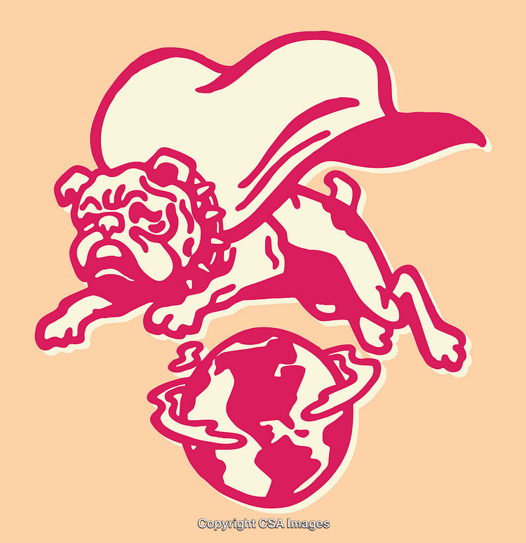 Bold Line Art of a Bulldog Leaping Over Earth with Cape