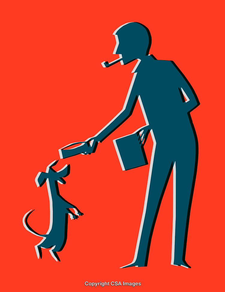 Stylized Artwork of Man With Dog Against Vibrant Red Background