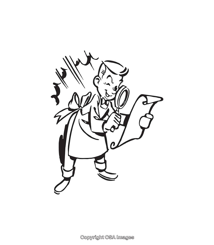Retro Detective Analyzing Document with Magnifying Glass Line Art Illustration