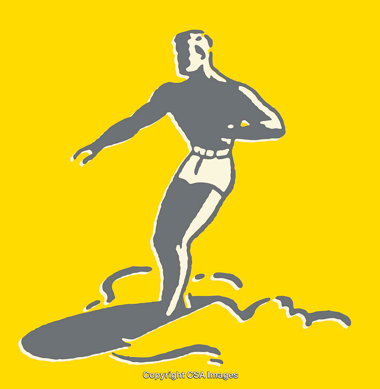 Stylized Illustration of a Surfer Riding Waves in Bold Yellow and Gray