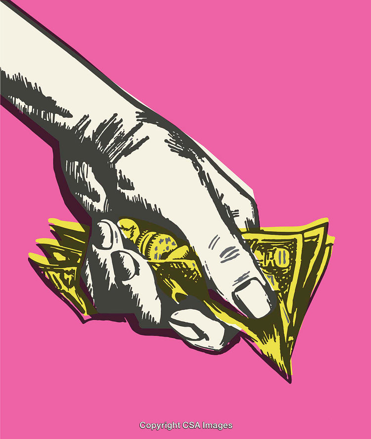 Pop Art Illustration of a Hand Holding Money on a Bright Pink Background