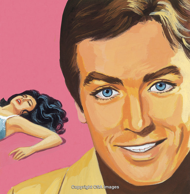 Colorful Illustration of Man and Woman on Vibrant Pink Background