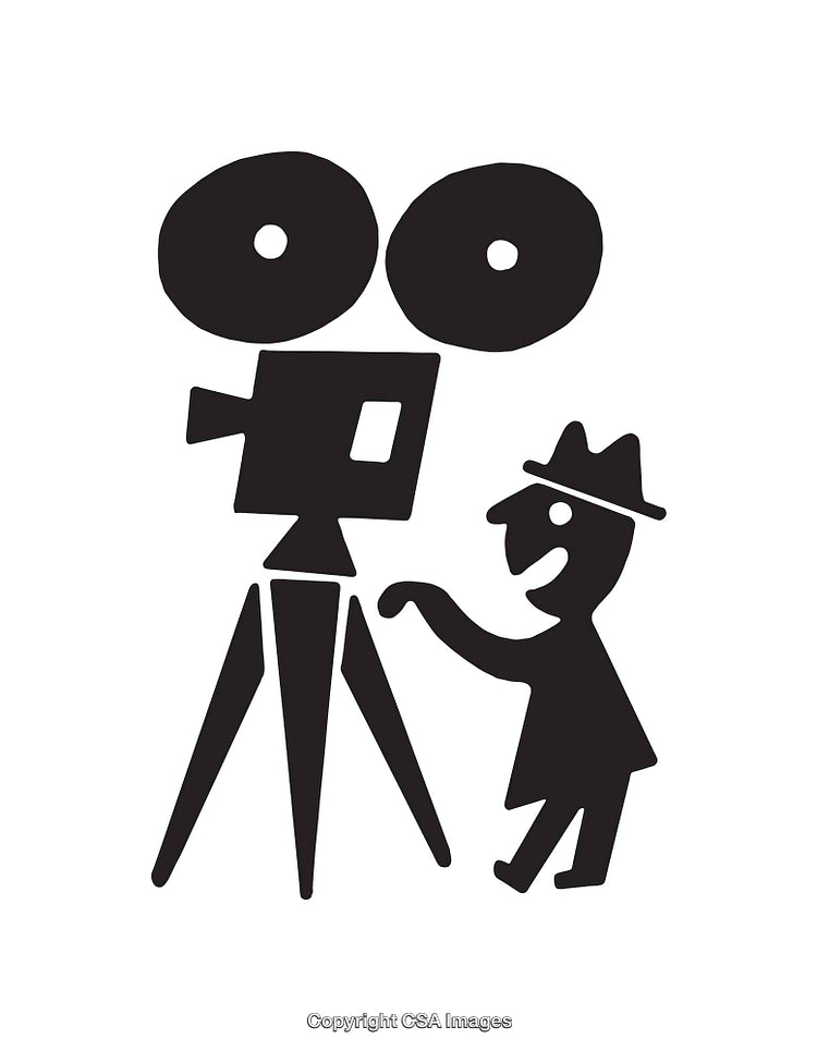 Black and White Line Art of a Filmmaker Operating a Vintage Camera