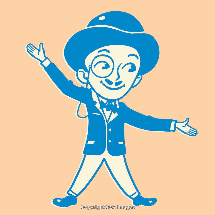 Charming Line Art Illustration of a Person in Classic Attire and Cheerful Pose