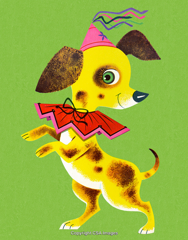 Yellow Party Dog in a Hat with a Collar on Green Background