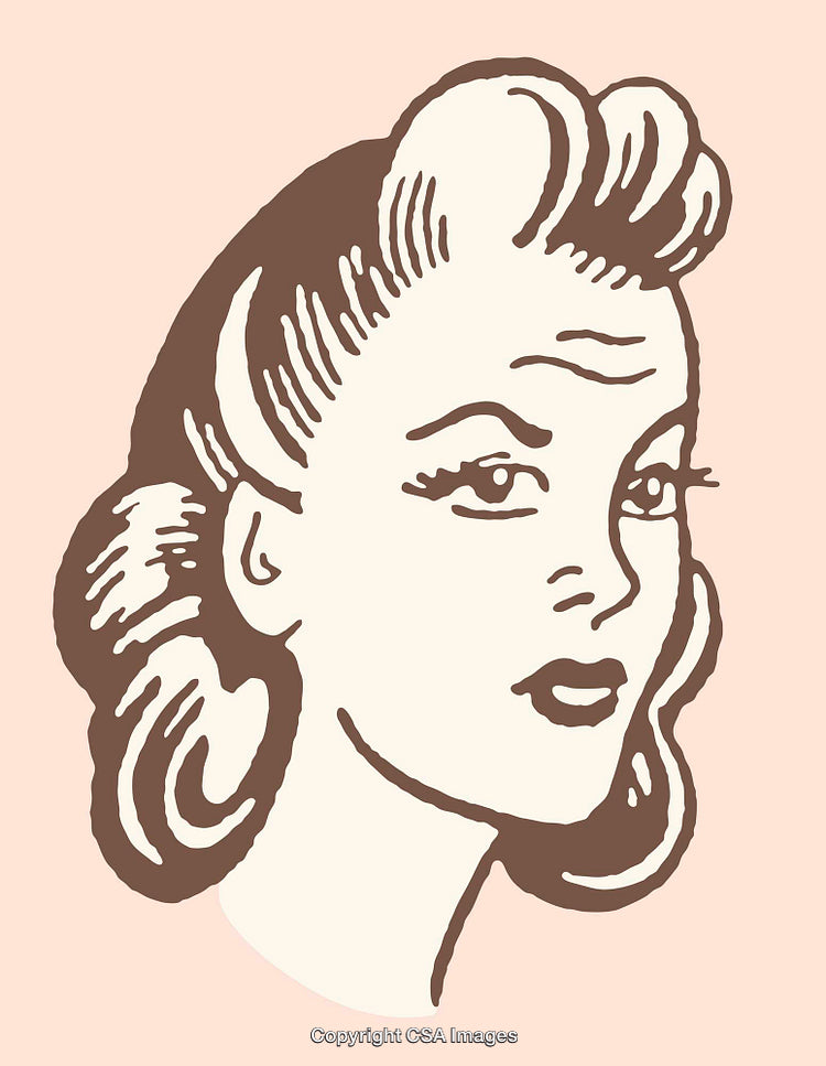 Vintage Styled Retro Woman Portrait in Color Line Art Illustration