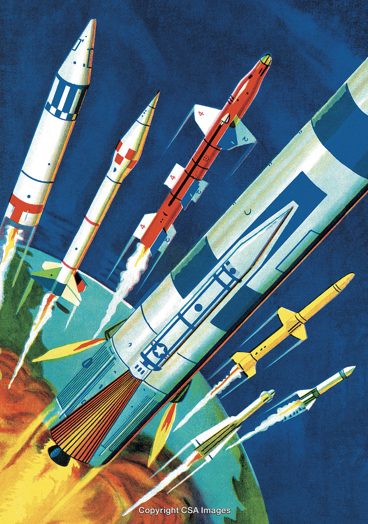 Colorful Rocket Launch Scene With Multiple Spacecraft on a Bright Background