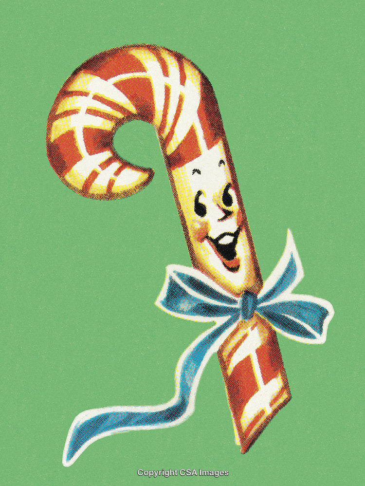 Vintage Illustration of a Smiling Candy Cane with Blue Ribbon on Green Background