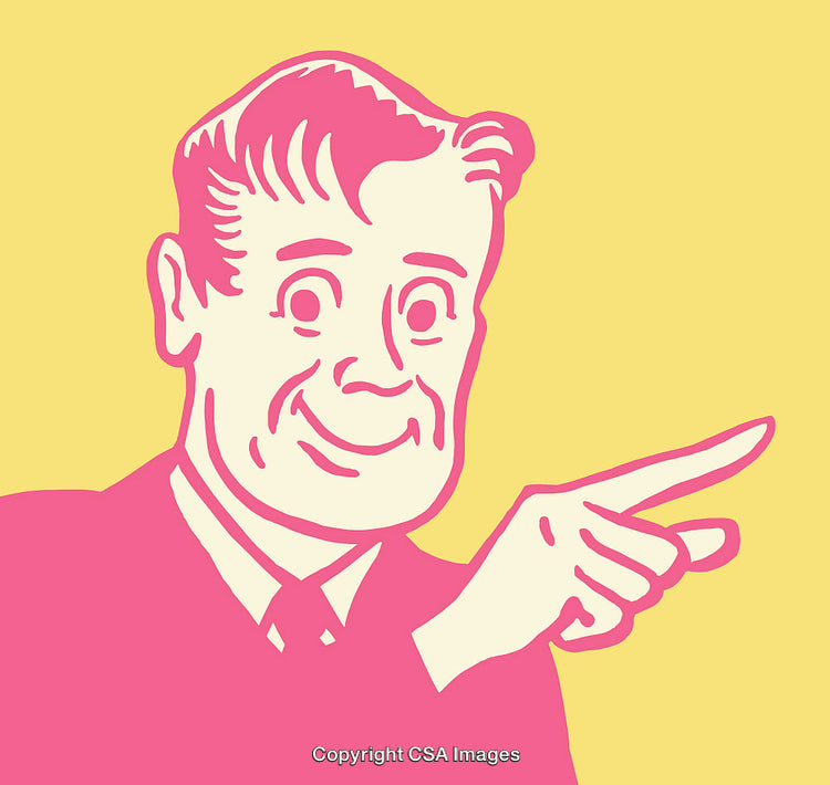 Retro Line Art Illustration of a Smiling Man Gesturing in Pink and Yellow