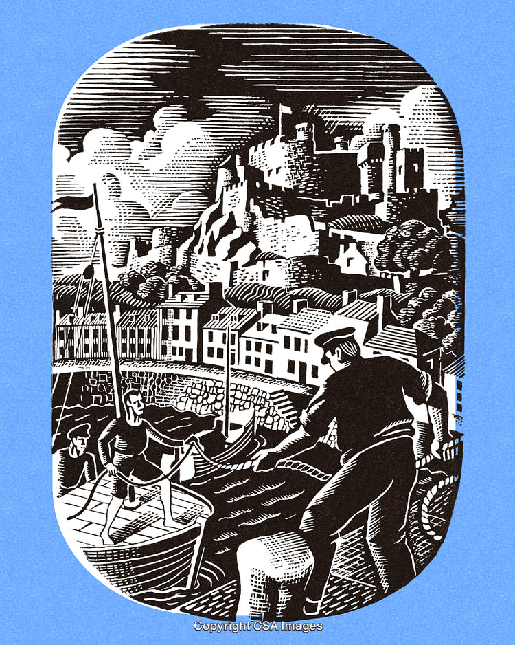 Vintage Harbor Scene Depicting Fishing Village With Castle in Background