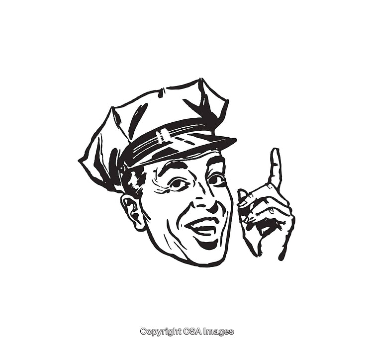 Vintage Line Art Depiction of Smiling Policeman Giving Advice