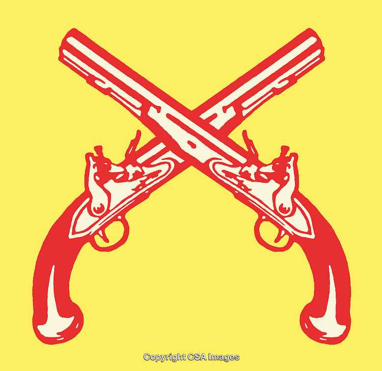 Vintage Crossed Pistols in Red on a Yellow Background Illustration