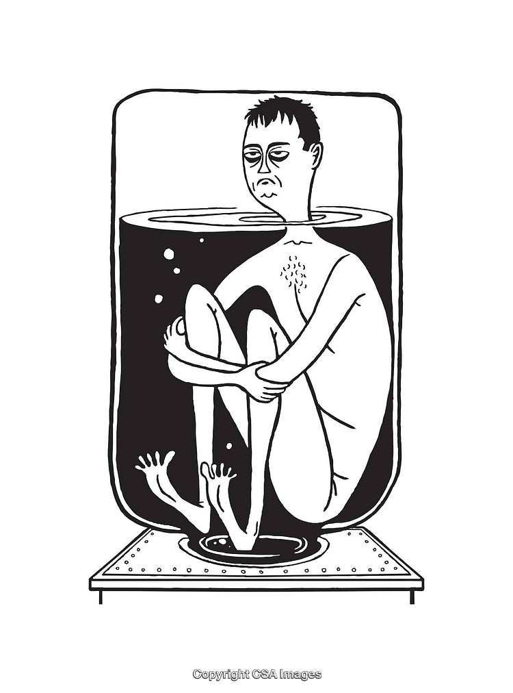 Surreal Black and White Illustration of a Person in a Glass Container
