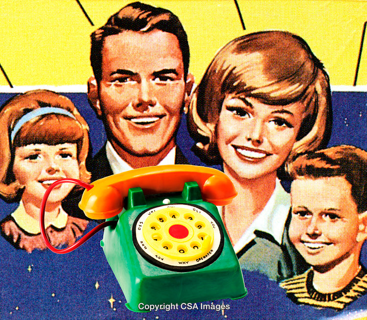 Retro Family and Vintage Toy Telephone in Vibrant Artwork