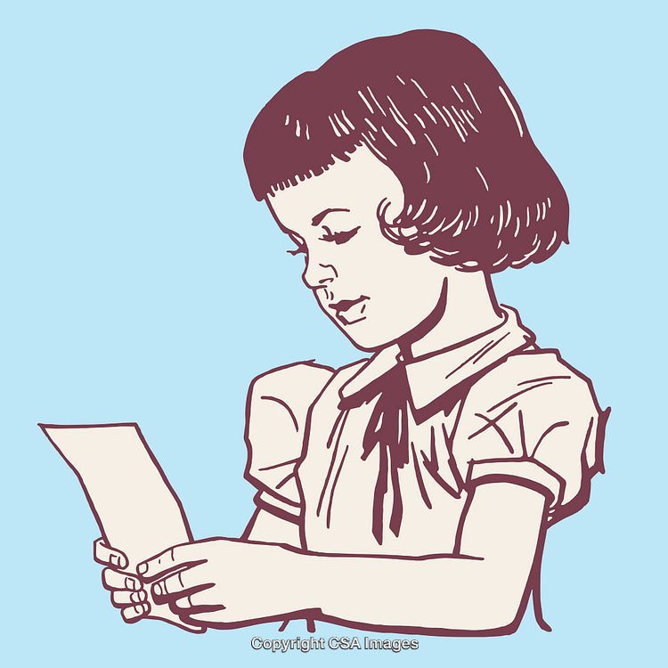 A Young Girl Reading a Letter in Line Art Style