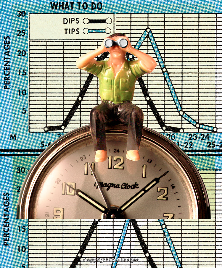 Miniature Figure Observing Trends with Charts and Clock