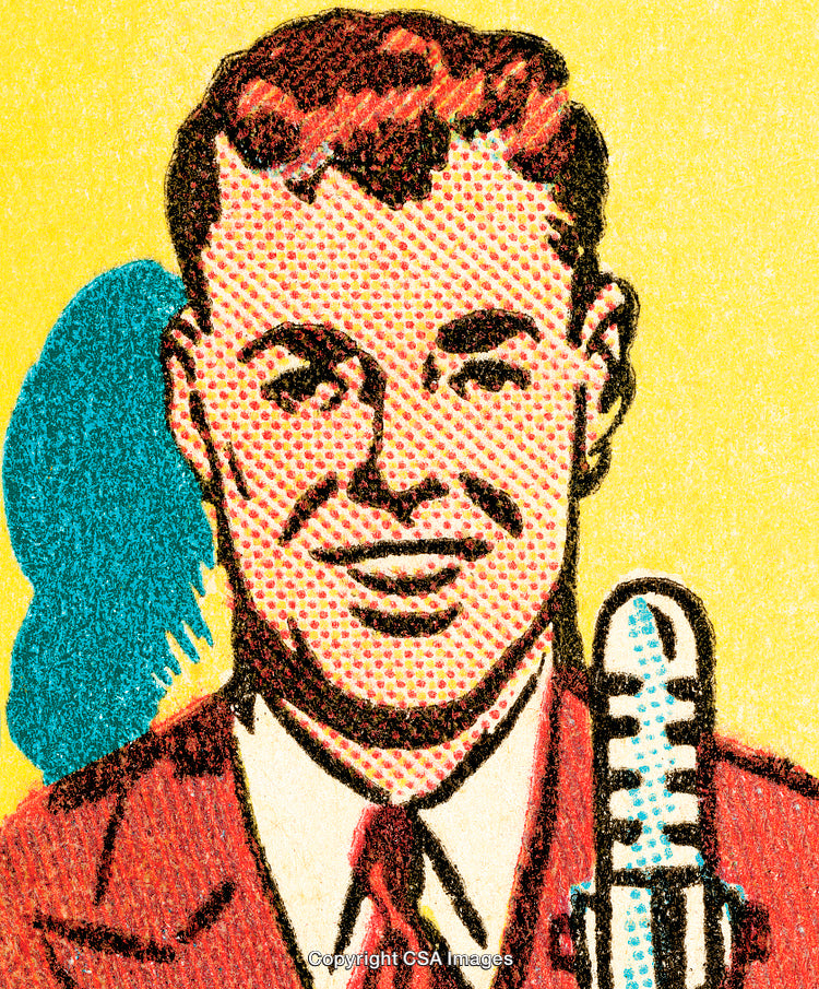 Vintage Comic Book Illustration of a Smiling Man With Microphone